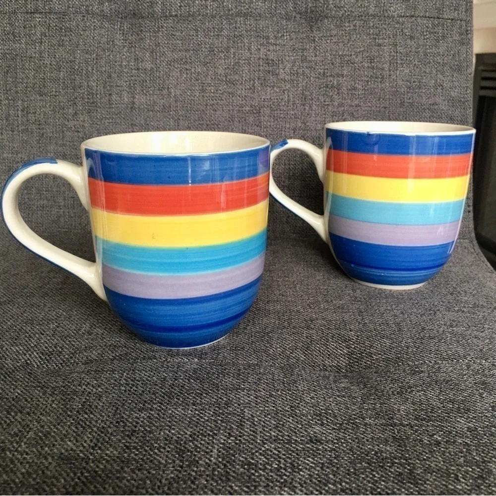 Set/2 Rainbow Striped Ceramic Coffee Mugs, 14 oz